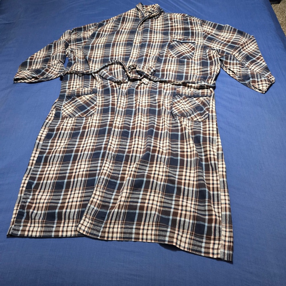 Stafford Plaid Flannel Robe Mens OSFM Big Brown Blue Good Cotton Loungewear